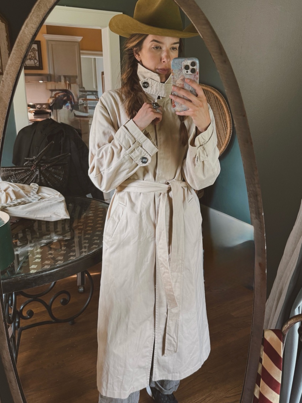 H&M Light Beige Long Trench Coat with Waist Tie Sz small